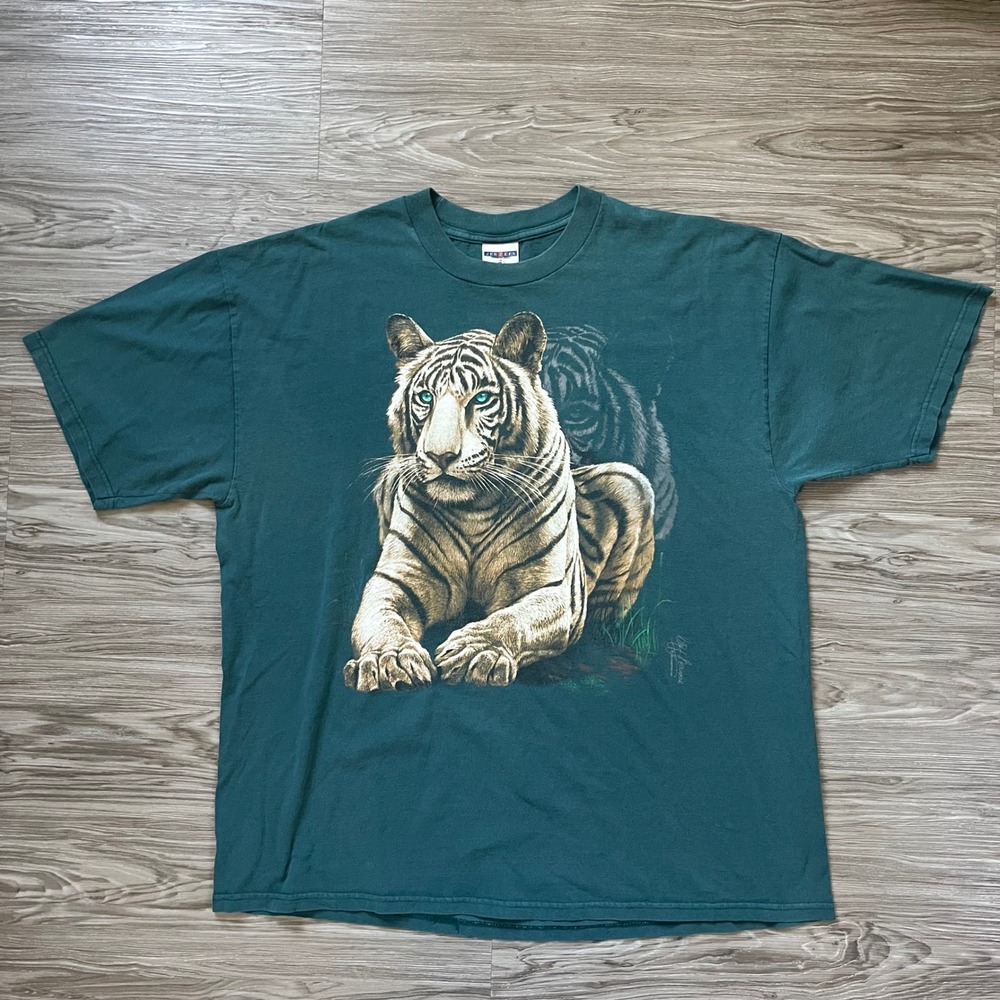 Vintage Jerzees White Tiger Graphic T-Shirt XL Forest Green Cliff Bonamie 90s